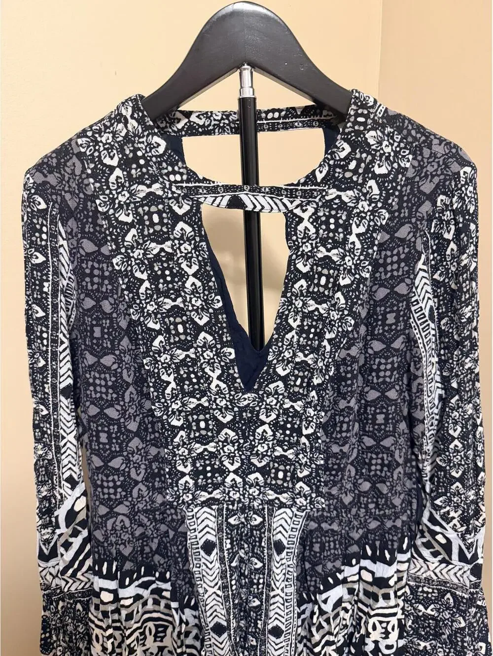 Free People Printed Open Back Romper Womens 6 Boho Festival Long Sleeve